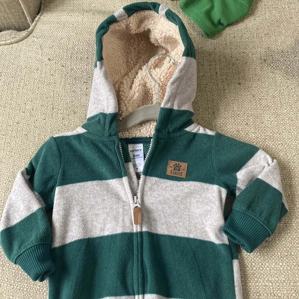 Carters Baby Boy Winter Hooded Zip Up Bodysuit Jumpsuit Bundle Lot 2 Pc.